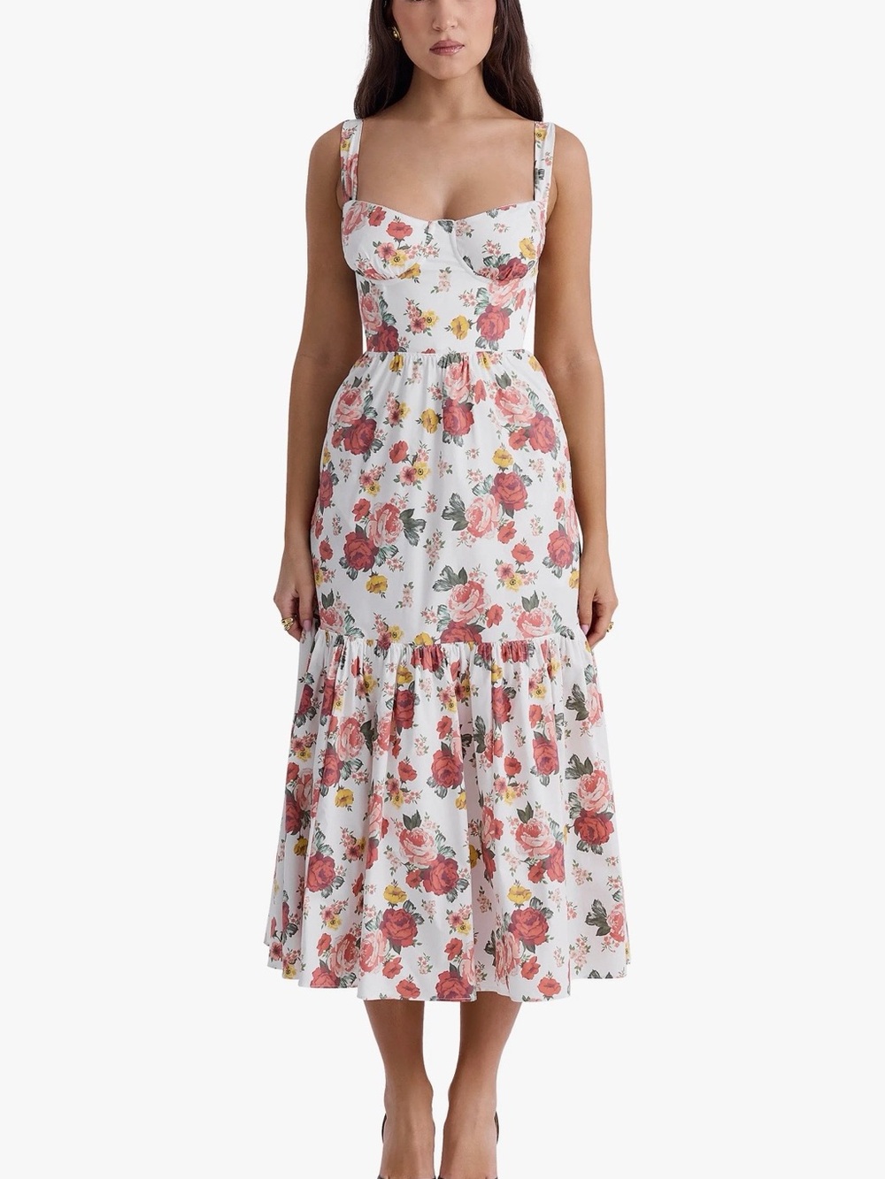 House of CB White Midi Dress with Pink & Red Rose Print